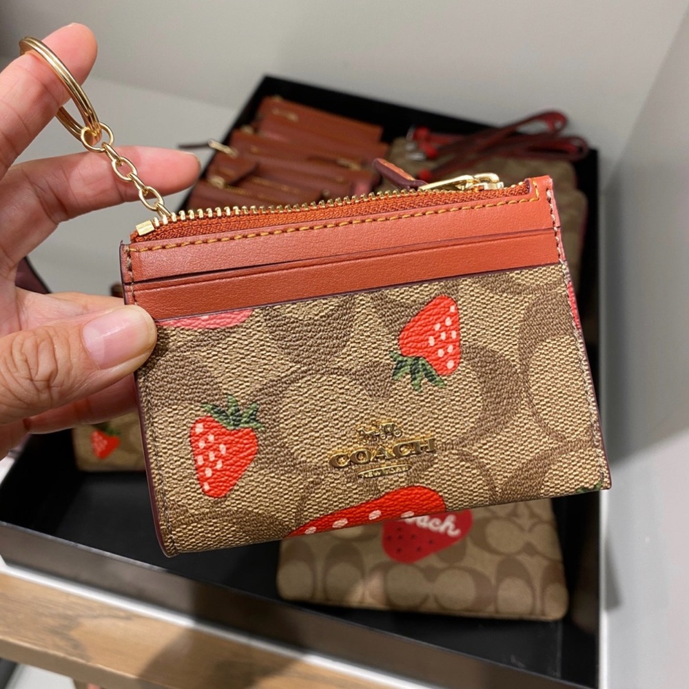 NWT Coach Mini Skinny Id Case In Signature Canvas With Wild Strawberry Print